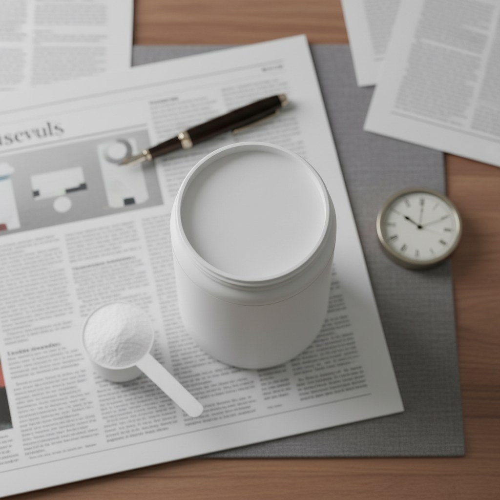 Designs for Health Whole Body Collagen canister and scoop atop a printed morning newsletter in a newsroom flat lay